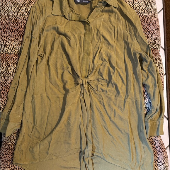 Zara Khaki Tie-Front Blouse - Picture 1 of 3